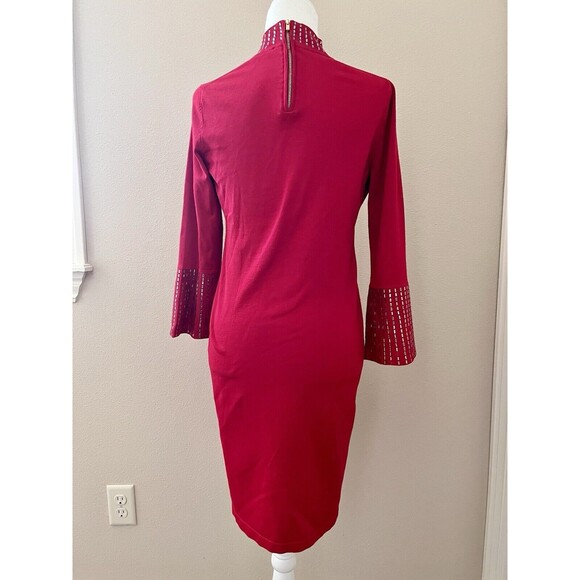 Calvin Klein Women's Red Mock Neck Studded Bell Sleeve Sheath Dress Size Medium - Picture 3 of 7